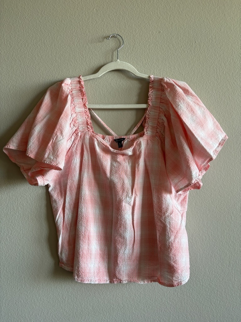 Versona Pink Plaid Square-Neck Puff Sleeve Top Tie Back Detail Relaxed Size XL